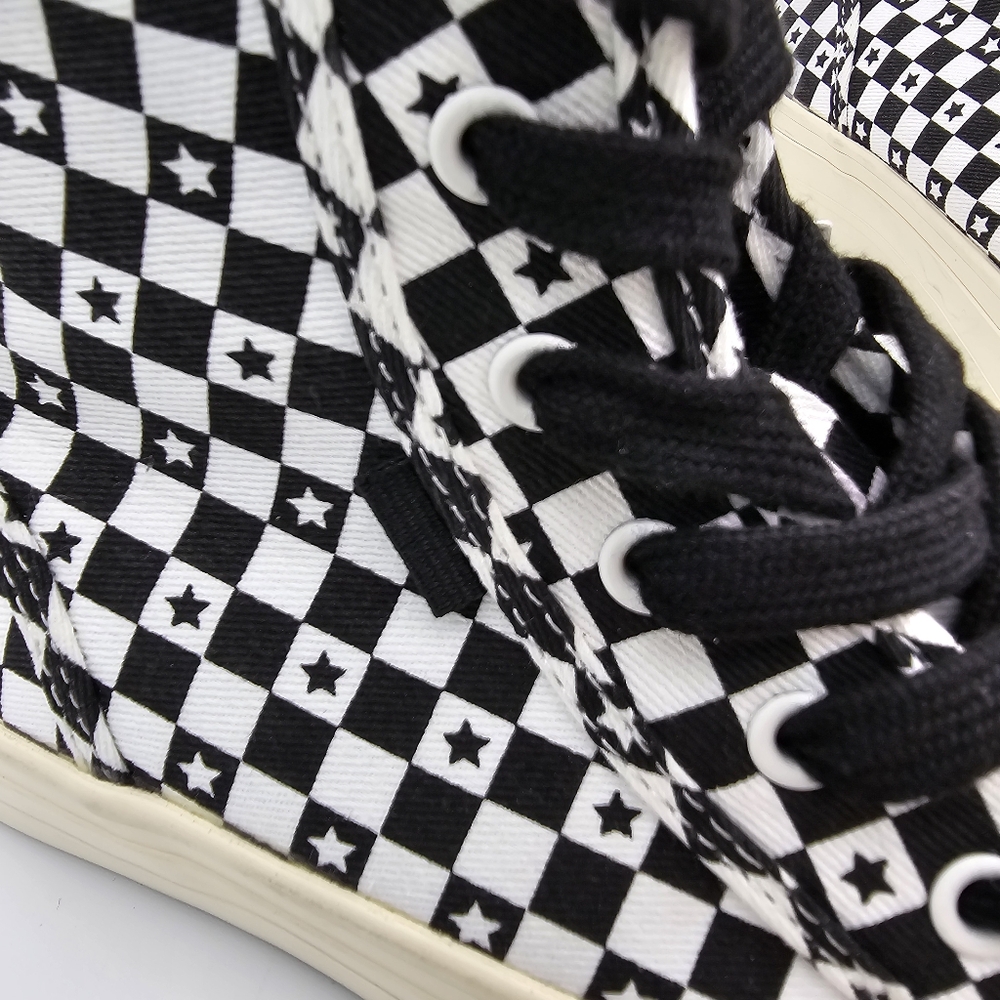 Zara Lace-Up High-Top Canvas Sneakers, Black/White Checkered pattern with stars - Picture 3 of 15